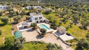 Eine moderne Villa mit Swimmingpool, umgeben von Olivenbäumen und einer hügeligen Landschaft.