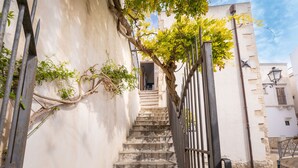Un estrecho callejón con una escalera que lleva a la entrada de un edificio.