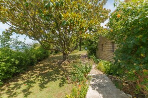 A pathway leading to a stone building surrounded by lush greenery and trees.