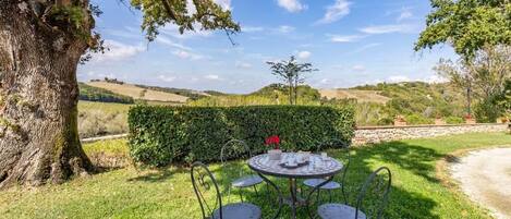 An outdoor dining area with a round metal table and chairs, surrounded by greenery and a large tree.