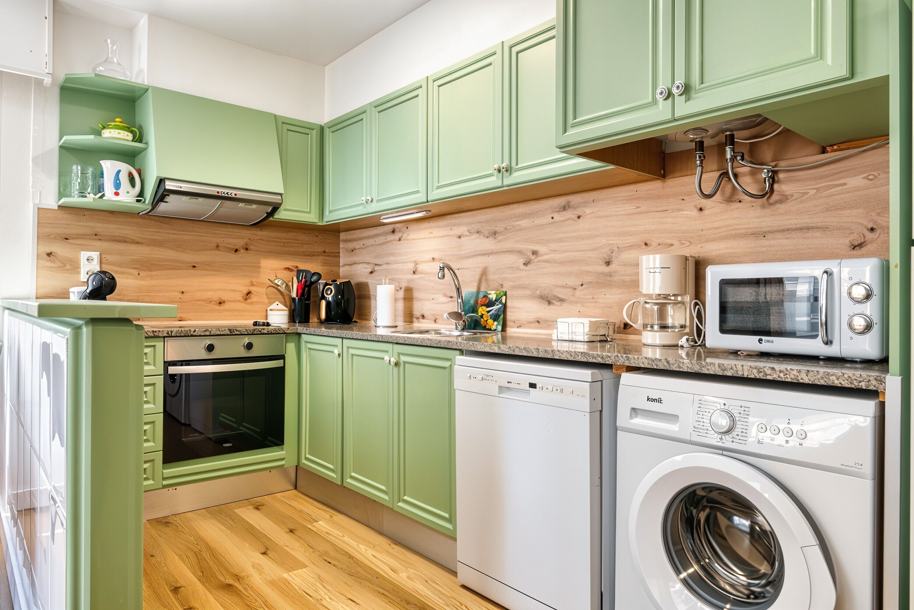 A kitchen with green cabinets, a microwave, a dishwasher, and wooden flooring.
