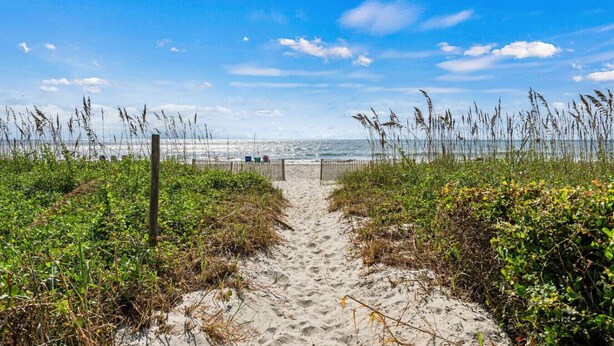 Un sentier de sable qui longe la plage et mène à l’océan, avec une clôture en bois et de la végétation de chaque côté.