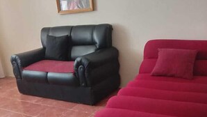 A living room with a black leather sofa and a red sofa.