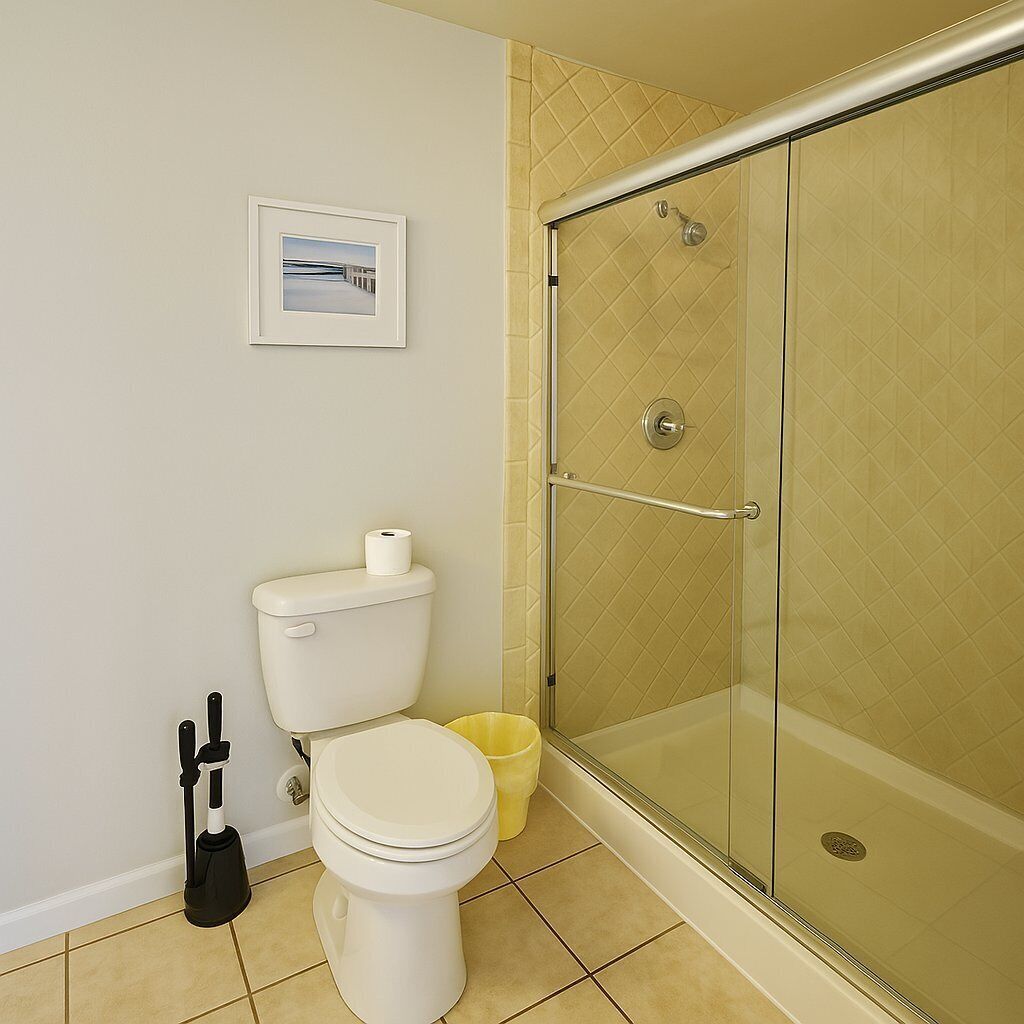 Une salle de bain comprenant des toilettes, une douche à parois de verre, un tableau au mur et une poubelle.
