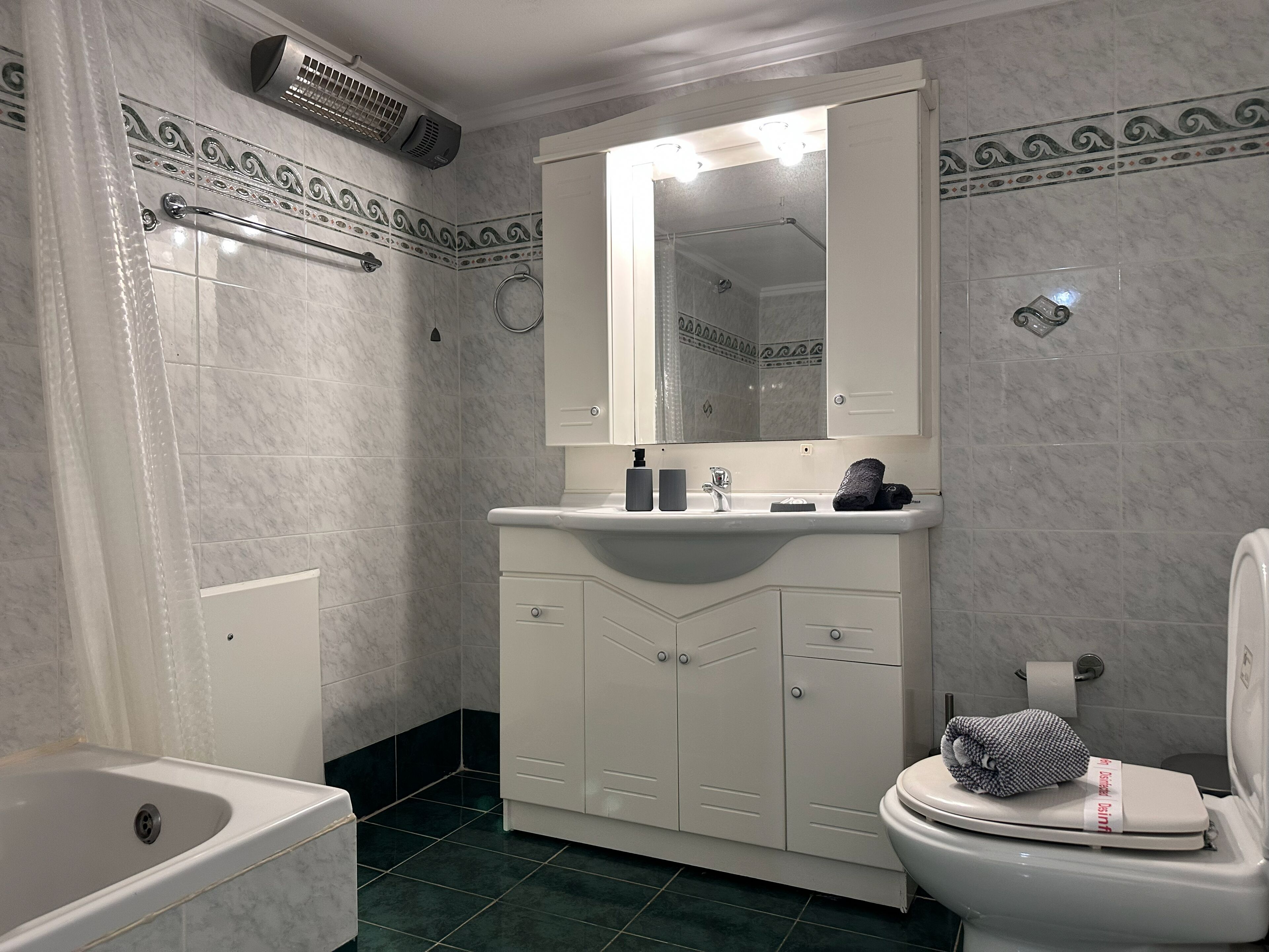 A bathroom with a shower, toilet, and sink.