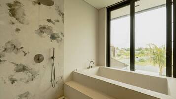 Chuveiro, secador de cabelo, toalhas de banho, sabonete