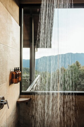 Une douche avec vue sur les montagnes, grâce à une grande fenêtre.