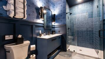 Shower, eco-friendly toiletries, hair dryer, towels