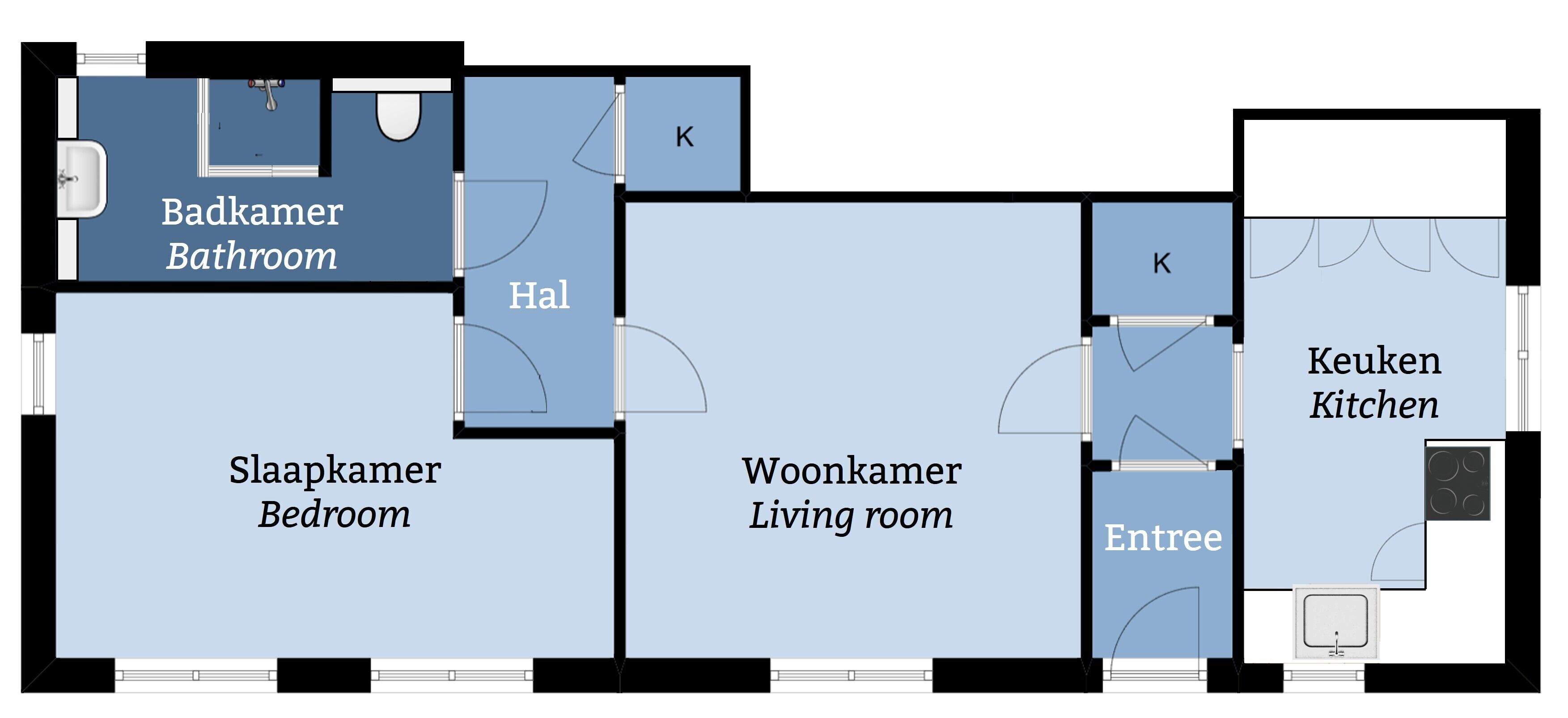 Een plattegrond van een hotel met een eigen badkamer, eigen keuken, eigen slaapkamer, eigen woonkamer en een eigen hal.