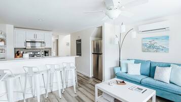 Smart TV, fireplace, books