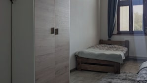 A bedroom with a bed, a wardrobe, a window with curtains, and a plant.