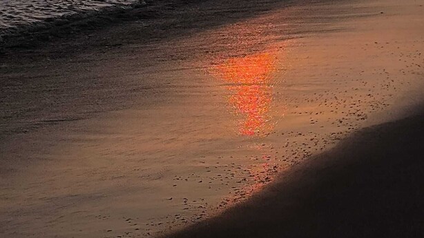 Pôr do sol sobre um mar calmo com ondas suaves numa praia arenosa.