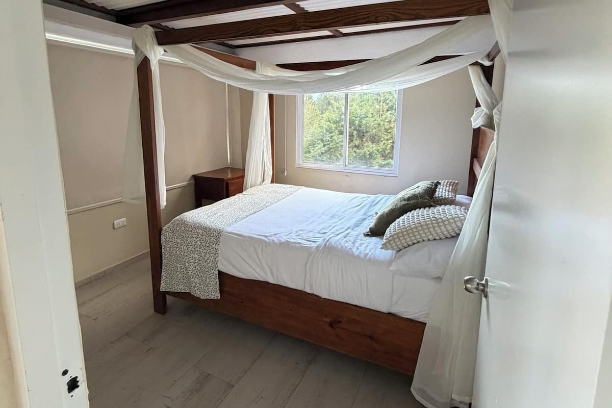Un dormitorio con estructura de cama de madera, ropa de cama blanca y ventana con vista a follaje.