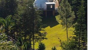 Un edificio de forma abovedada rodeado de árboles, con una vista despejada del paisaje circundante.