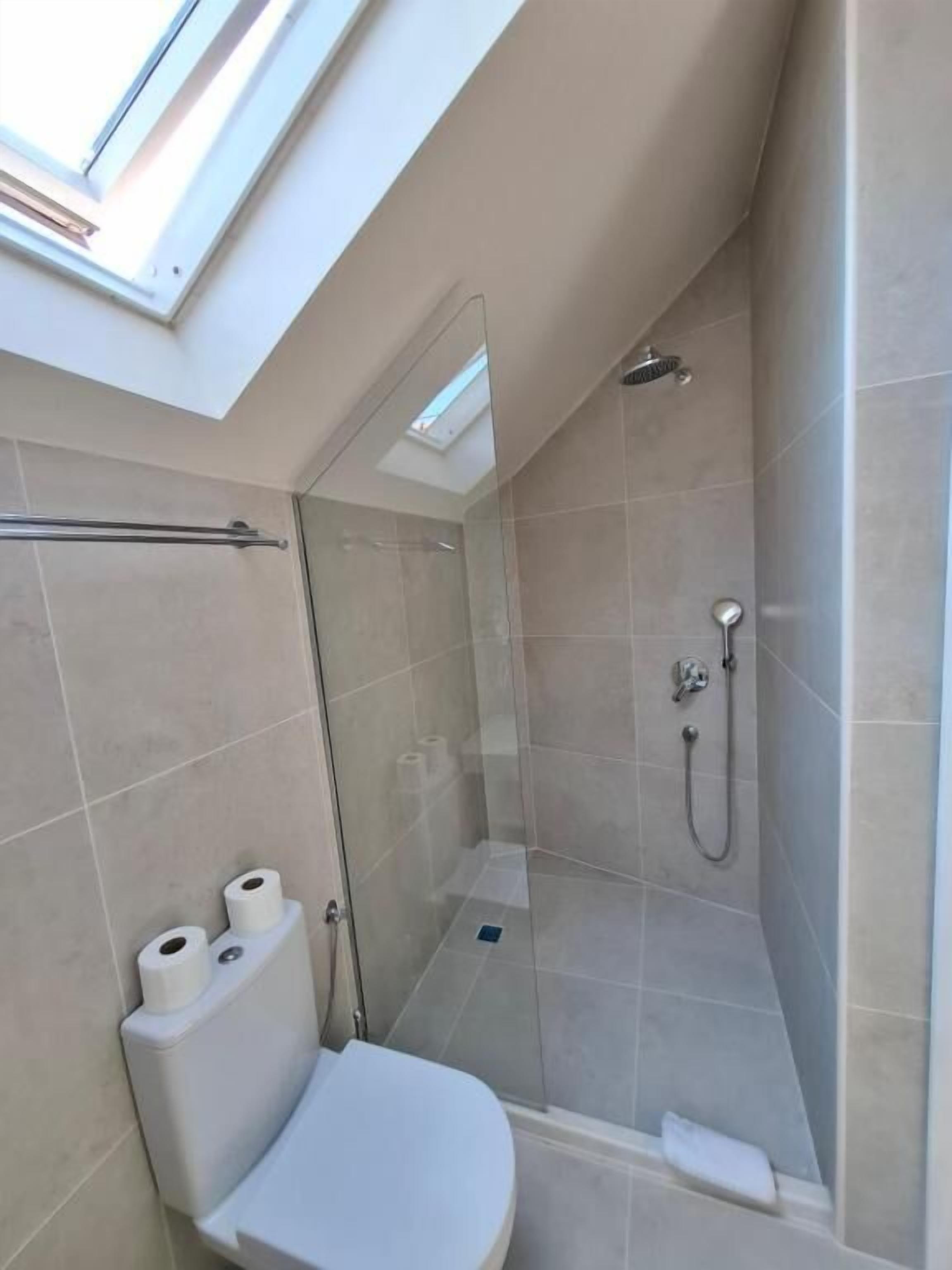 A modern bathroom with a skylight, a glass shower enclosure, and a toilet with toilet paper.
