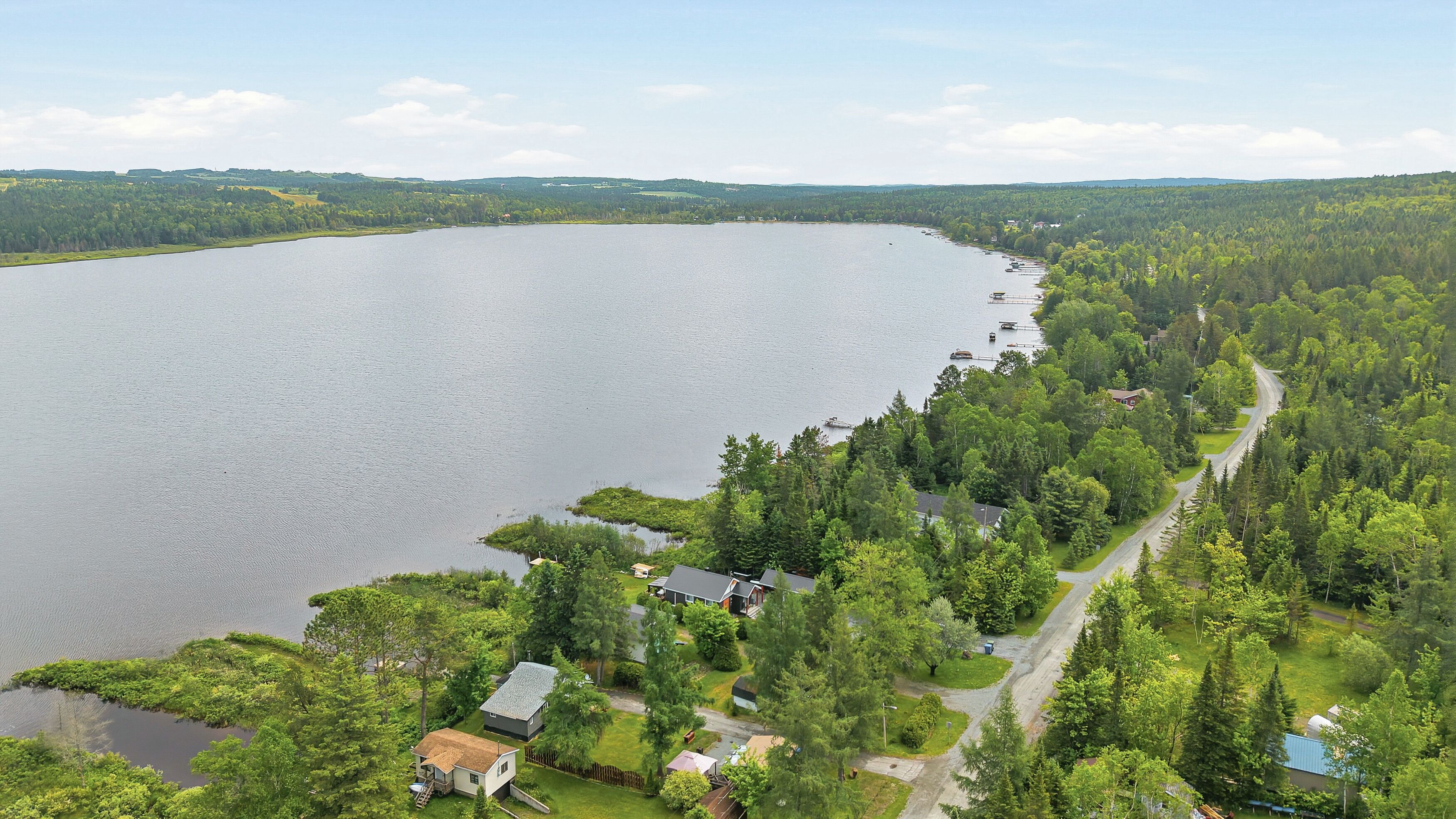 Un lac entouré d’une forêt dense, avec quelques maisons dont on aperçoit les allées et les jardins.