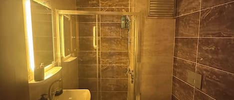 Regadera, secadora de cabello, toallas, papel de baño