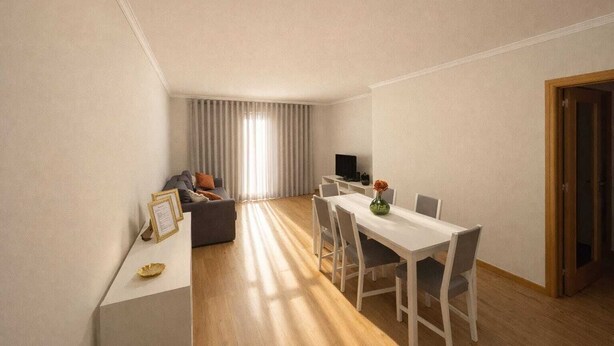 A modern apartment with a dining area, a living room with a sofa and TV, and a large window with curtains. - Patio do garajau (Caniço)