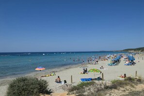 Ein Strand mit Menschen, die sich sonnen, schwimmen und am Ufer entlanggehen.