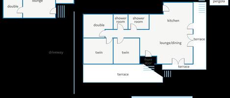 A hotel layout with a lounge, kitchenette, double room, twin rooms, terrace, kitchen, and a pool area.