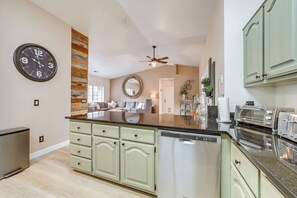 Fridge, microwave, stovetop, dishwasher - Fenced Outdoor Space: Modern Sedona Home By Hiking (Sedona)