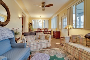 TV, fireplace, books