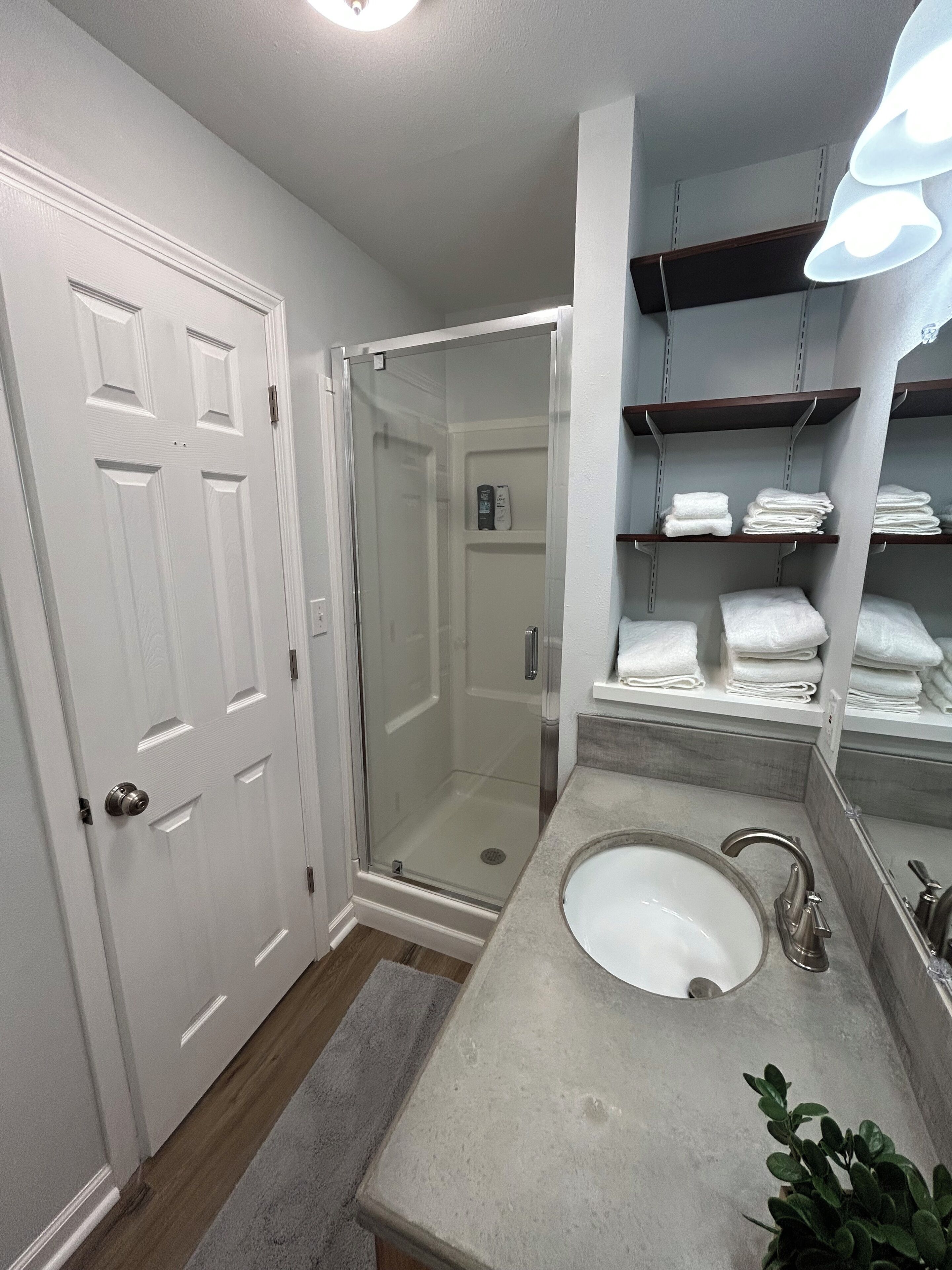 Hair dryer, towels, soap, toilet paper