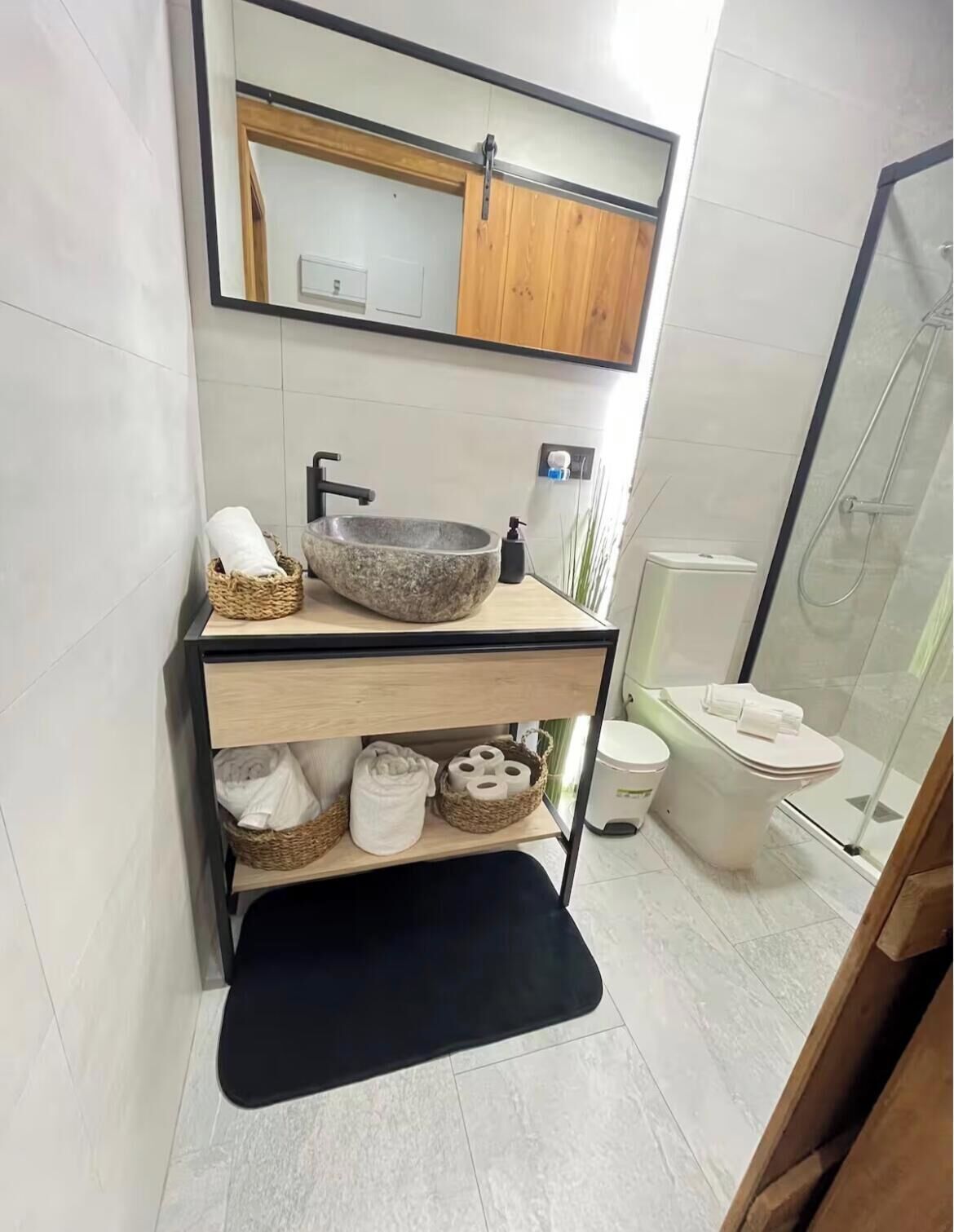 Hair dryer, towels, soap, toilet paper