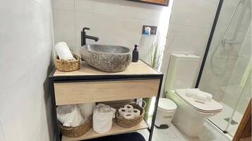 Hair dryer, towels, soap, toilet paper