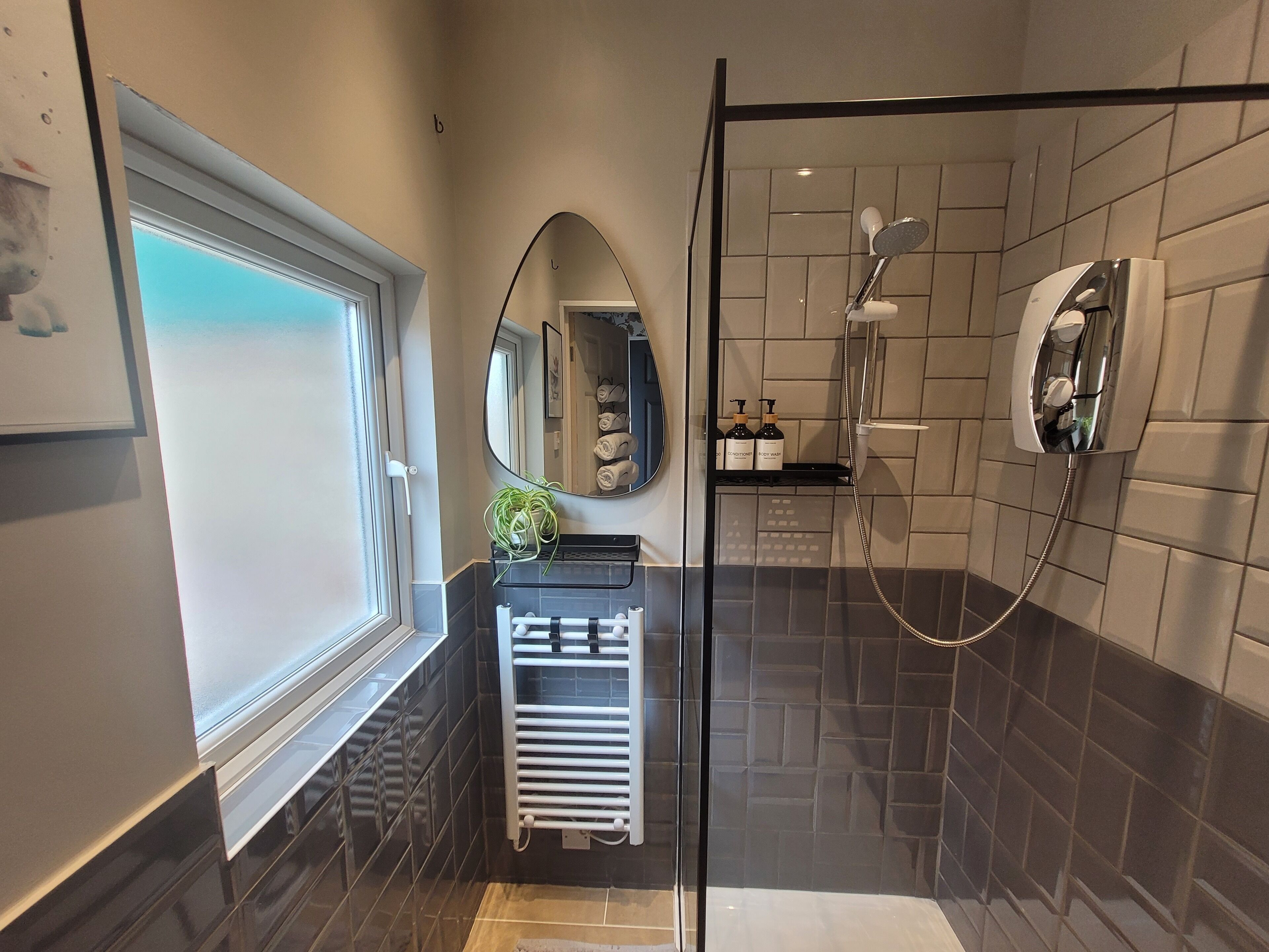 Shower, hair dryer, towels, soap
