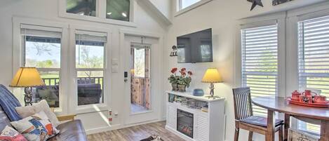 Una televisión, una chimenea, libros