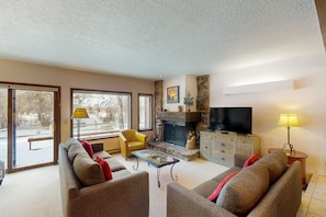 TV, fireplace, books