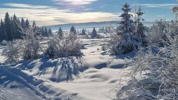 A snowy landscape with a clear sky and a visible sun.