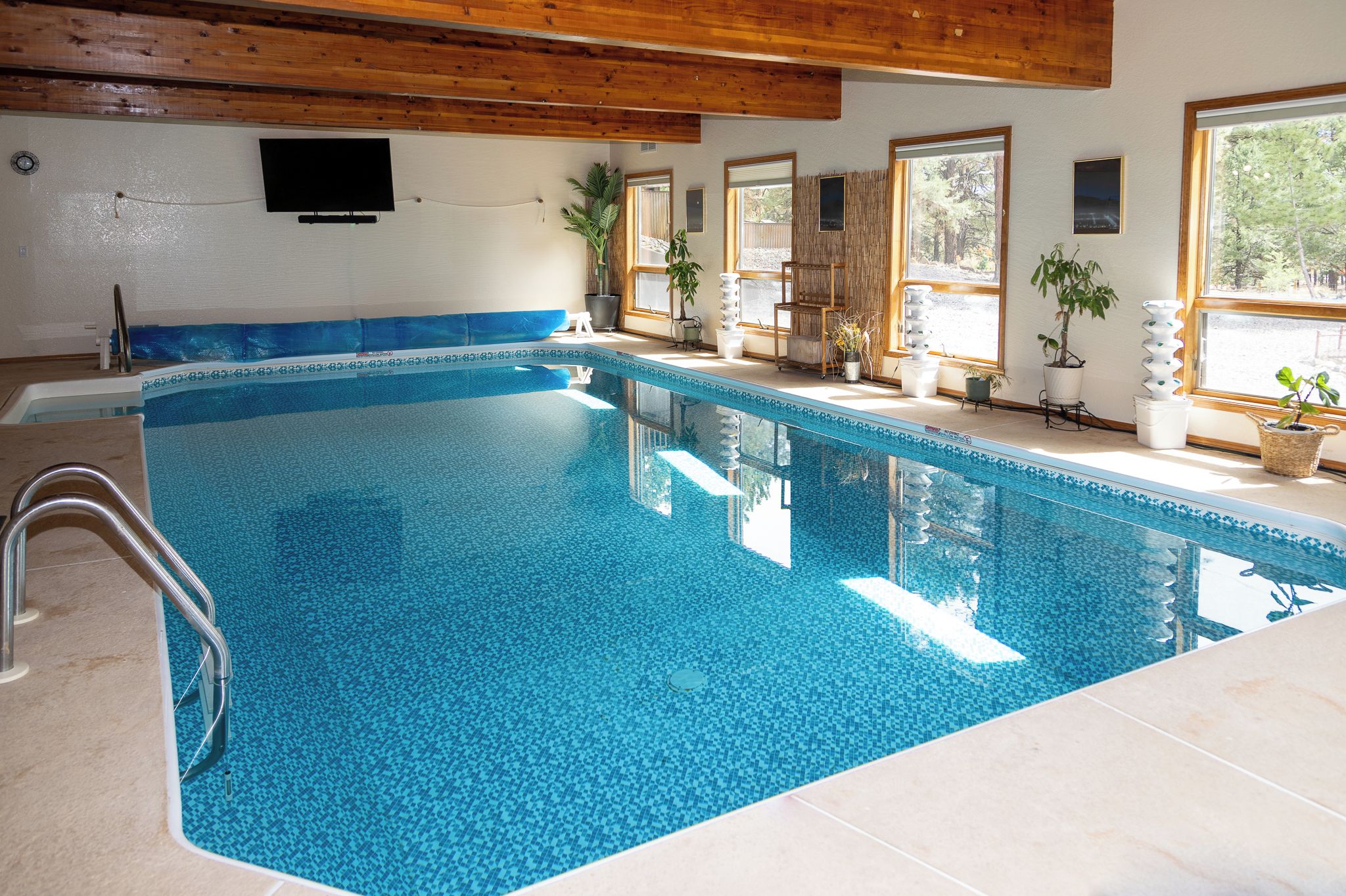 Une piscine intérieure dotée d’un sol carrelé, de poutres en bois au plafond et de plantes en pot disposées tout autour.