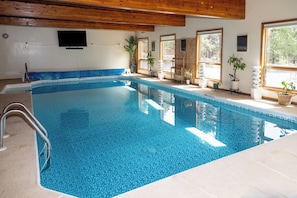 An indoor swimming pool with a tiled floor, wooden ceiling beams, and potted plants around the perimeter. - Charming 1-bedroom cottage perfect for a relaxing Durango getaway (Durango)