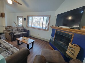 Smart TV, fireplace, foosball