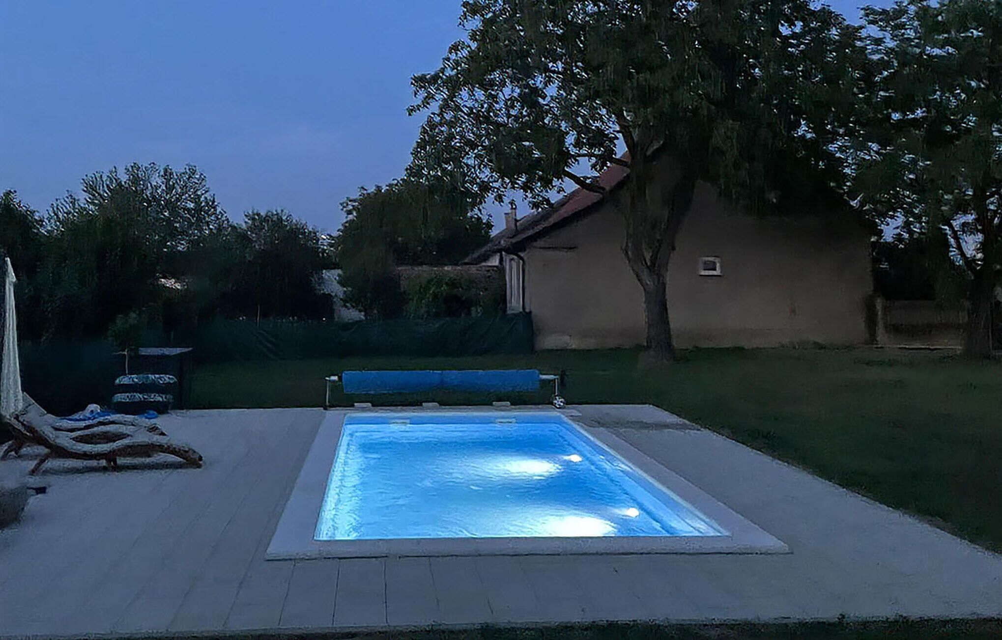 Ein rechteckiger Pool mit blauer Innenseite, umgeben von einer gepflasterten Liegefläche.