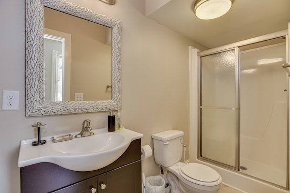 Shower, towels, soap, toilet paper