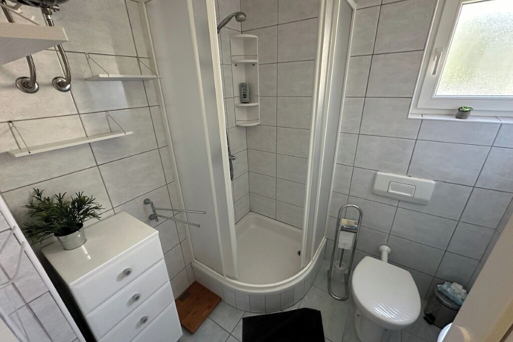 Shower, towels, soap, toilet paper