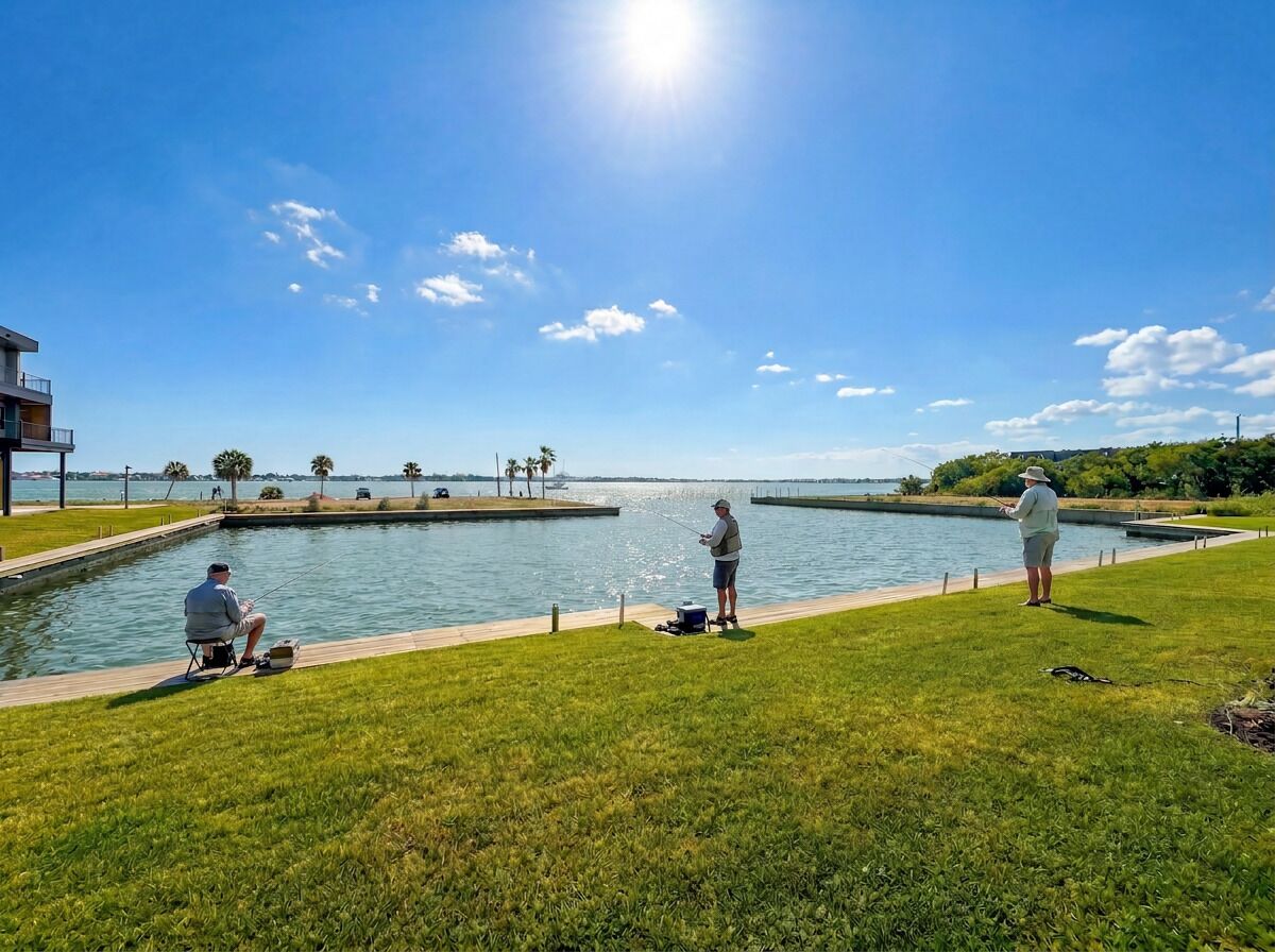 A man fishing by a calm water body with a clear sky.
