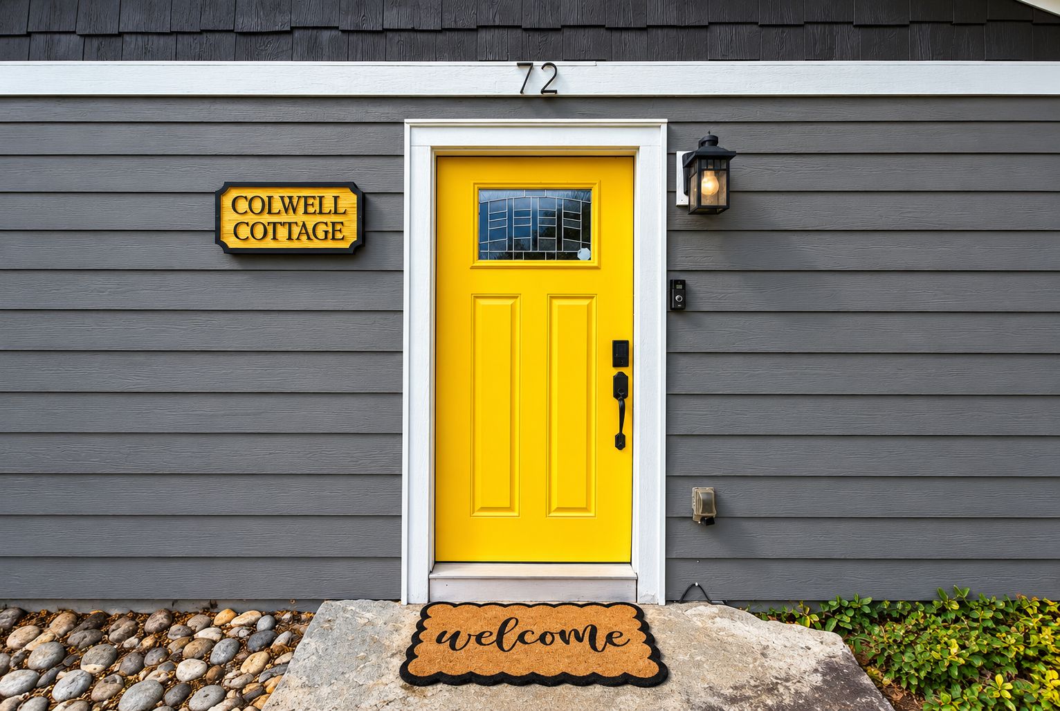 Une maison avec une porte jaune vif, un paillasson et une pancarte indiquant « Colwell Cottage ».