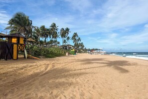 Ein Strand mit einer Holzkonstruktion, Palmen und blauem Himmel.