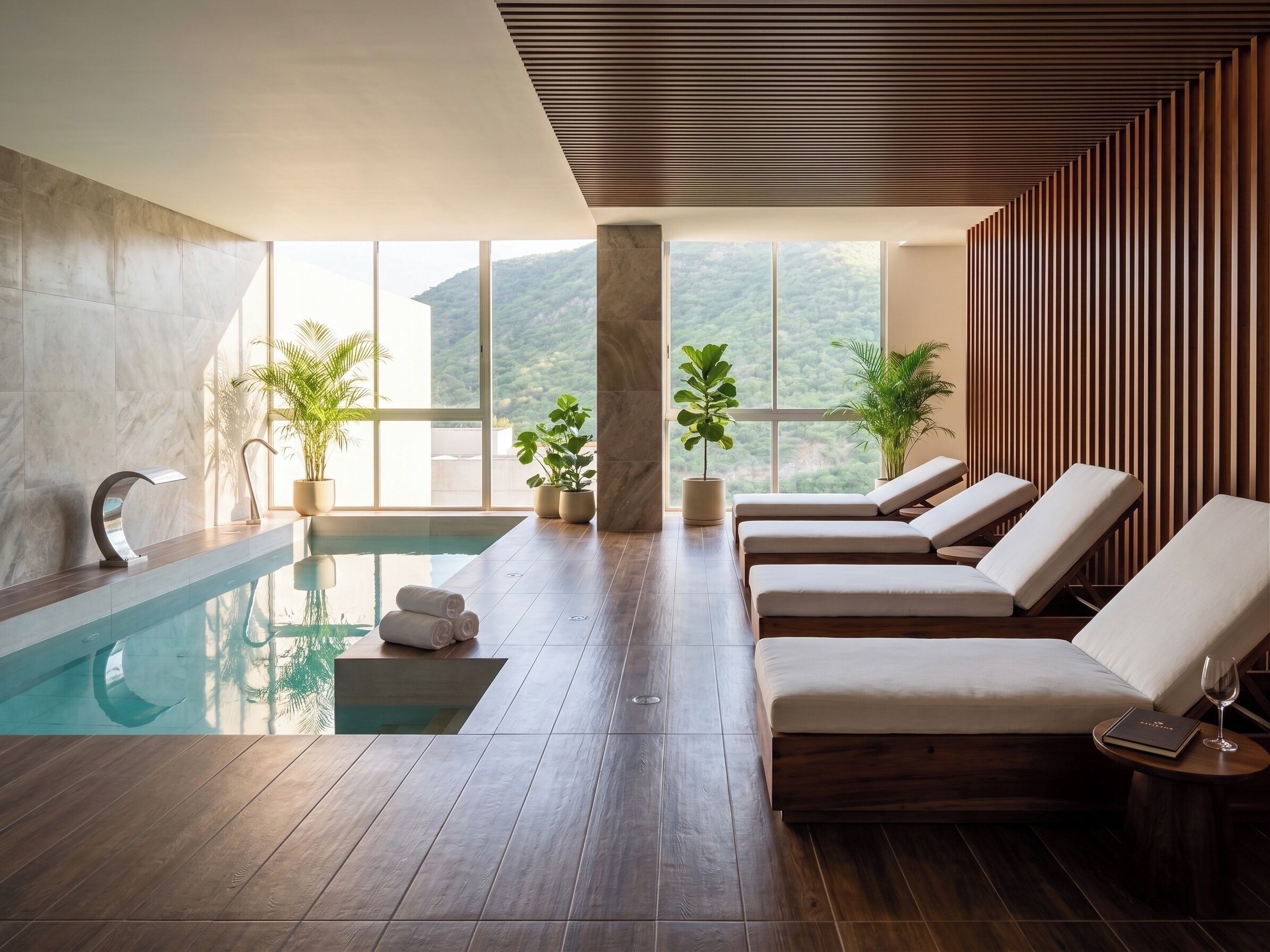 Un espace piscine intérieur moderne, doté de chaises longues, d’une piscine et de grandes fenêtres offrant une vue sur les collines.
