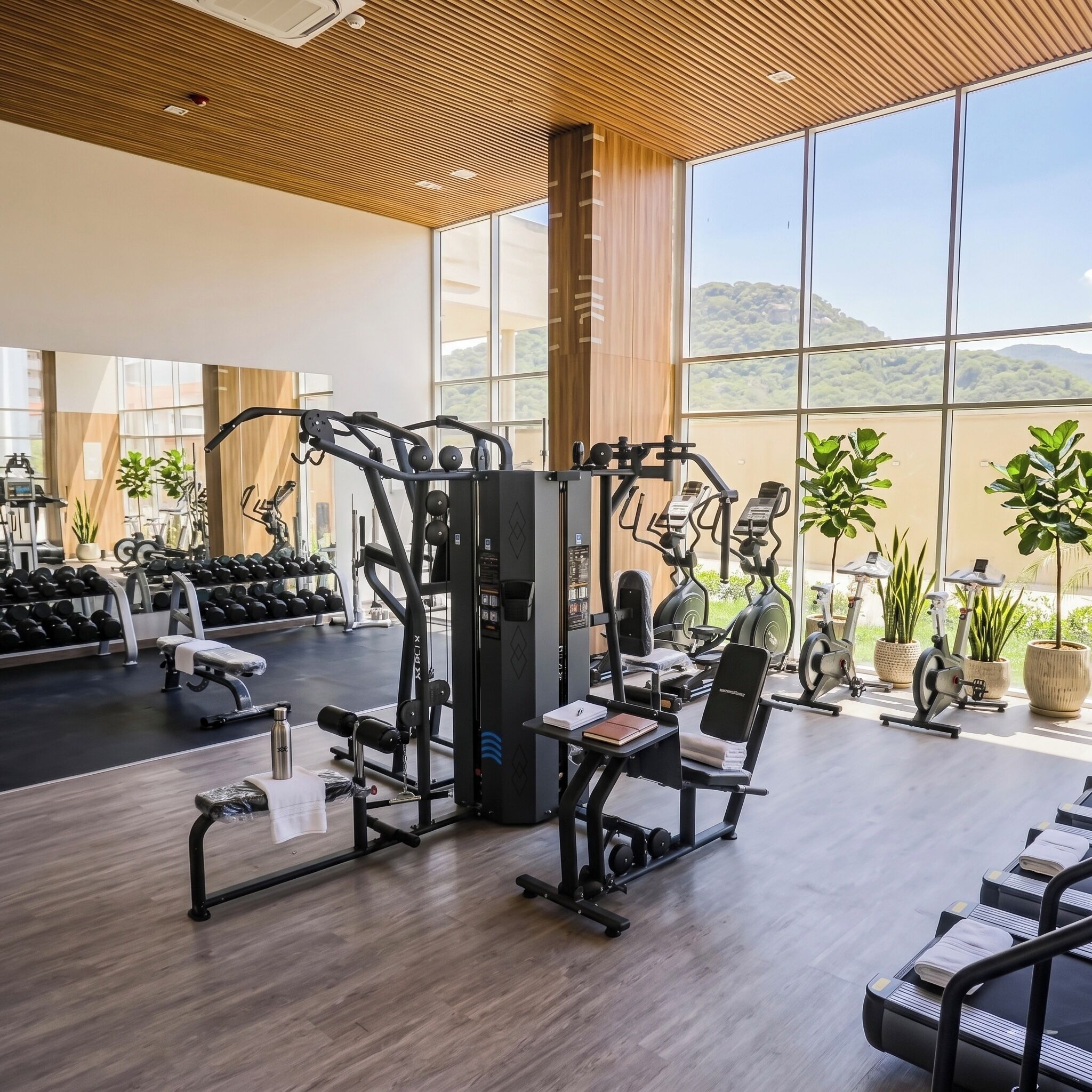 A gym with various exercise equipment, large windows, and a view of the outdoors.