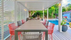 A covered outdoor patio with a long table and chairs, a pool, and greenery in the background.