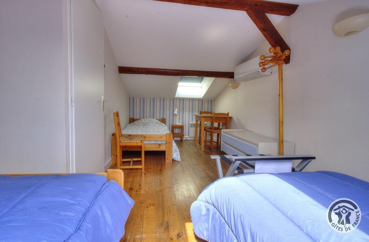 A dormitory room with bunk beds, a desk, and a chair.