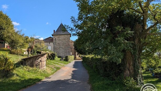 A stone building with a conical roof, a paved path, and lush greenery. - Gîte de Haute Combe - JULIENAS (JULIENAS)