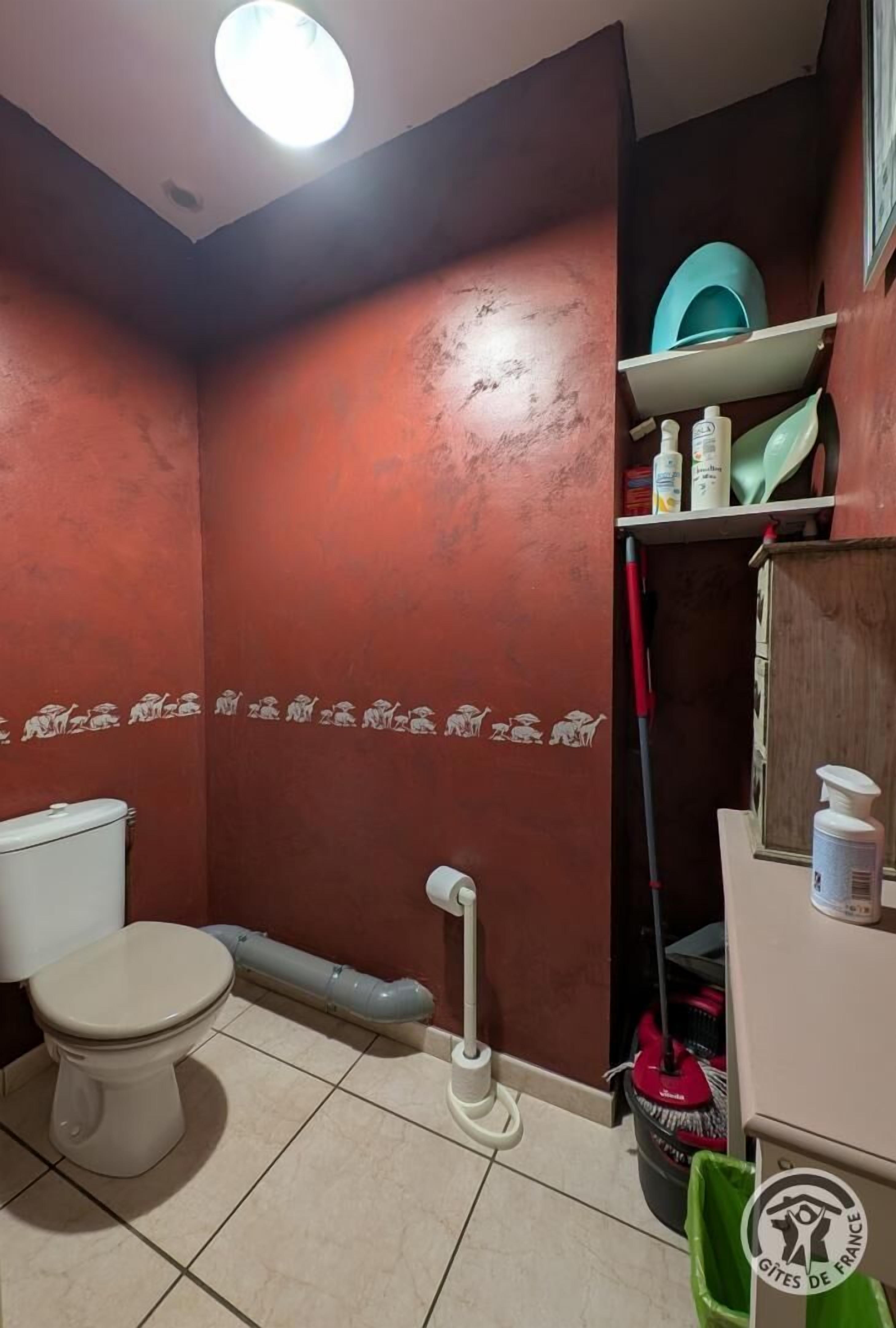 Ein Badezimmer mit Toilette, Bidet, einem Mopp, einem Eimer und einer grünen Mülltonne.
