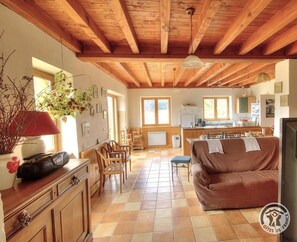 TV, fireplace - Gîte des Monneries d'en Haut (POULE-LES-ECHARMEAUX)