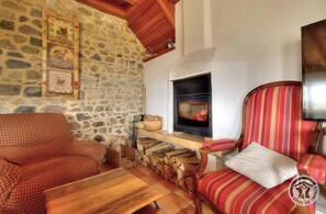 TV, fireplace - Gîte des Monneries d'en Haut (POULE-LES-ECHARMEAUX)